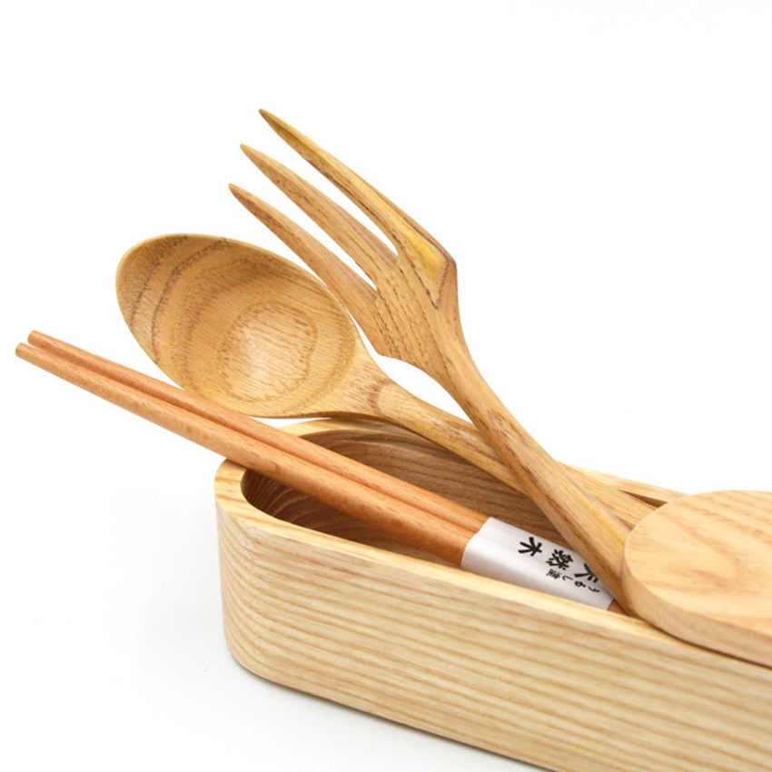 Bộ muỗng, nĩa, đũa gỗ nâu nhạt (có kèm hộp gỗ hình bầu dục)