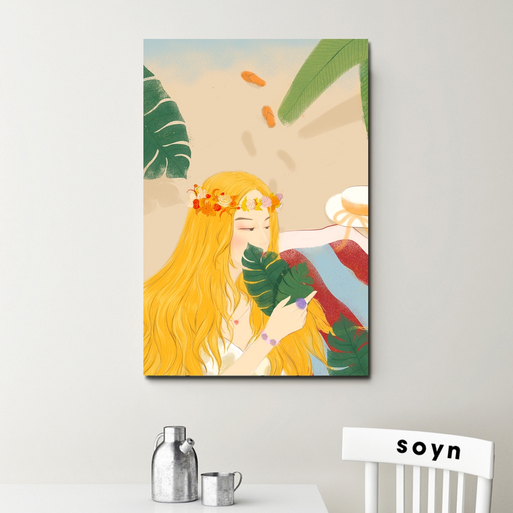 Tranh Girl with yellow hair, botanical, leaves, tropical S0107