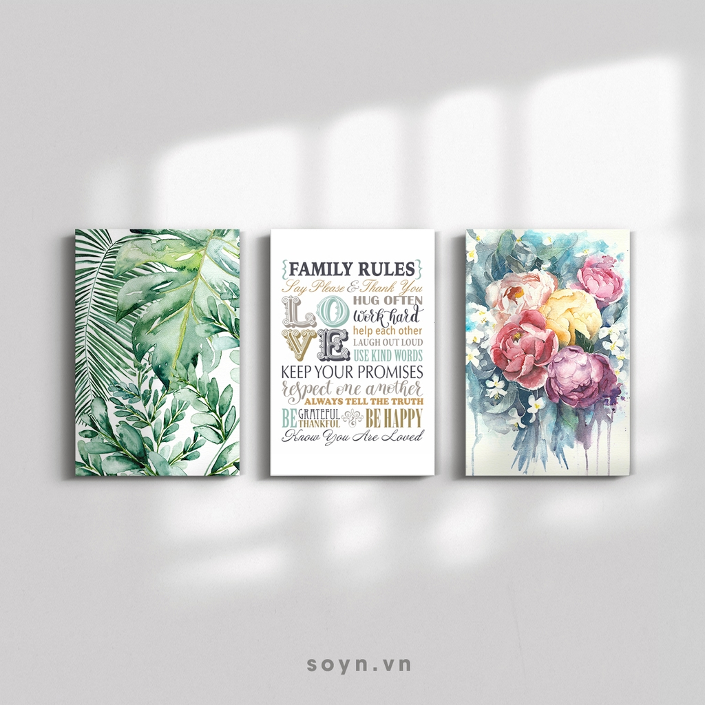 Bộ tranh Family quote, Peony flower, Leaves, Botanical, SE415