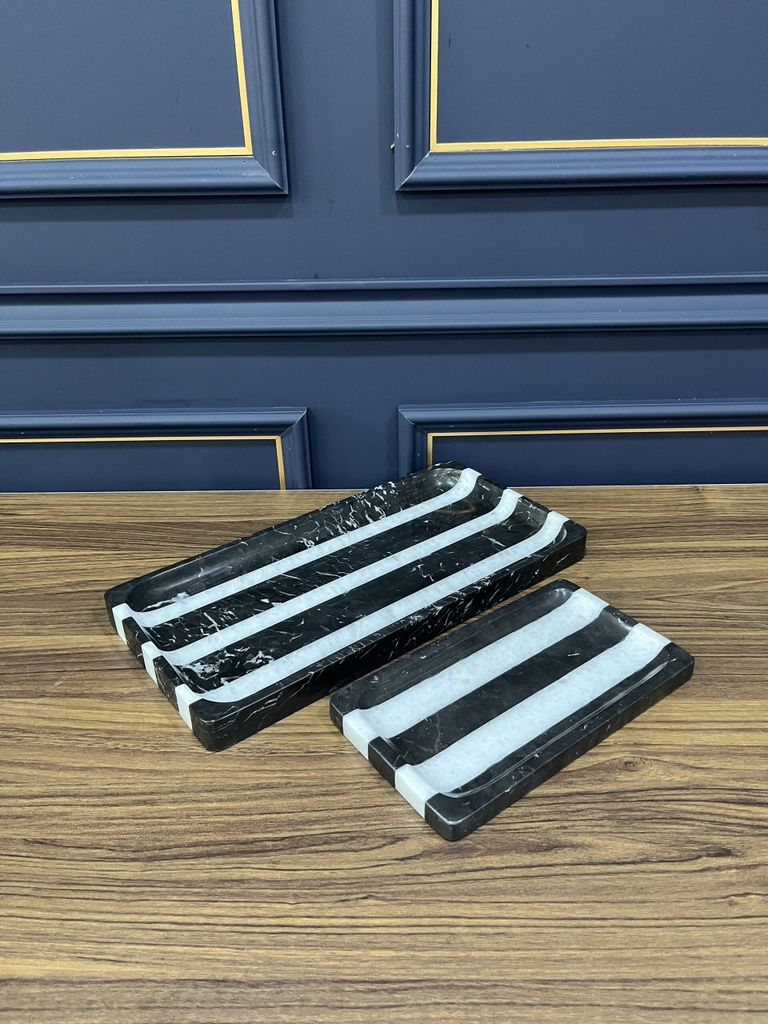 REAL MARBLE - RECTANGLE TRAY - EXMTR04 - BLACK AND WHITE