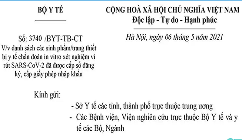 Công Văn số: 3740/BYT-TB-CT V/v danh sách các sinh phẩm/trang thiết bị y tế chẩn đoán nhanh Virut SARS-CoV-2