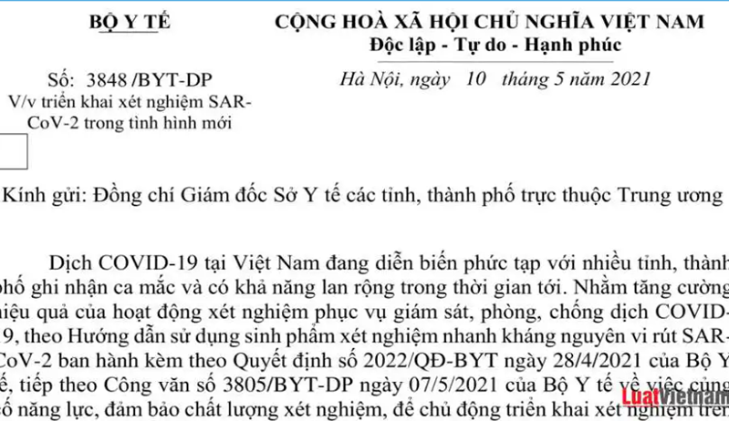 Công văn 3848/BYT-DP về triển khai xét nghiệm SAR-CoV-2