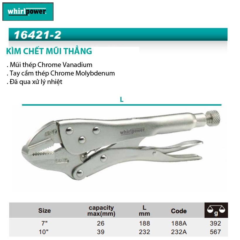 kìm chết mũi thẳng 10" Whirlpower 16421-2