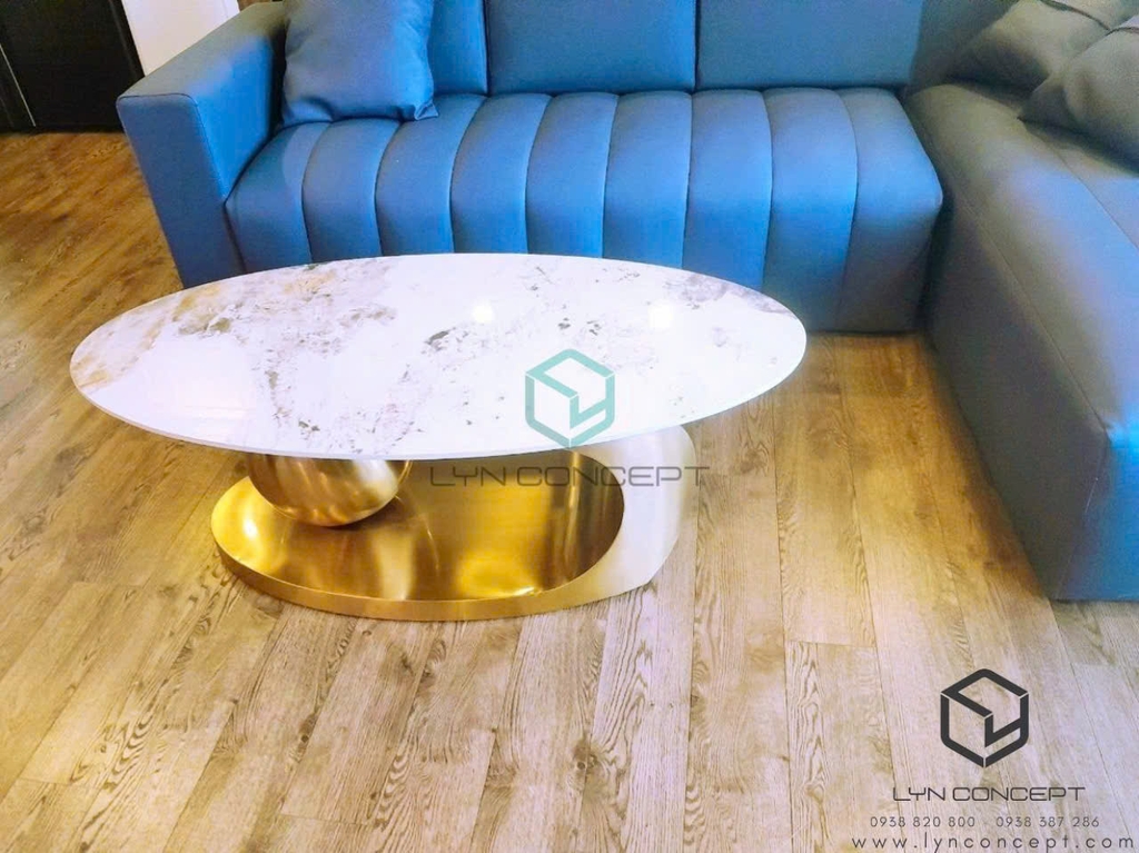 Bàn Trà Sofa Elip Mặt Đá Trắng Chân Inox Mạ Pvd Vàng Cao Cấp - BT22E