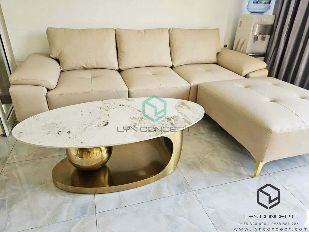 Bàn Trà Sofa Elip Mặt Đá Trắng Chân Inox Mạ Pvd Vàng Cao Cấp - BT22E