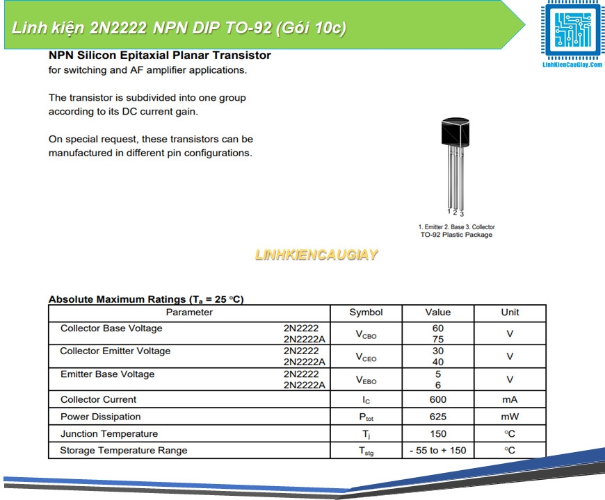 Linh kiện 2N2222 NPN DIP TO-92 (Gói 10c)