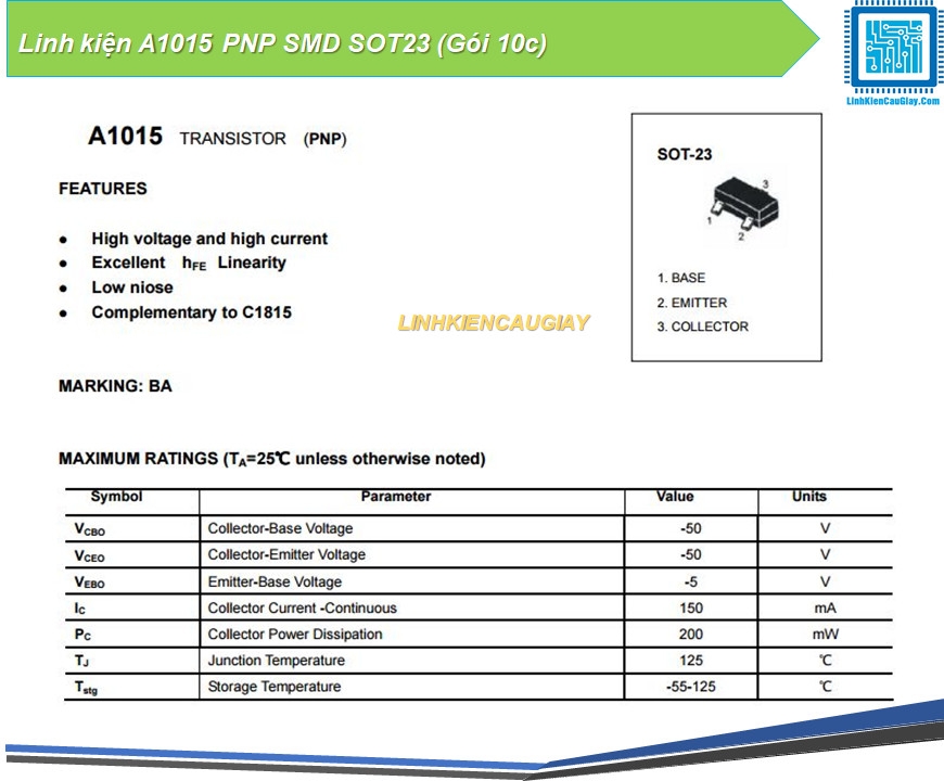 Linh kiện A1015 PNP SMD SOT23 (Gói 10c)