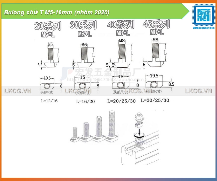 Bulong chữ T M5-16mm (nhôm 2020)