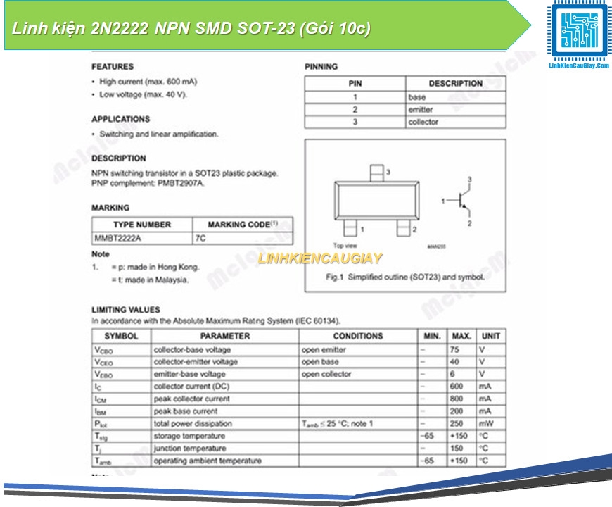 Linh kiện 2N2222 NPN SMD SOT-23 (Gói 10c)