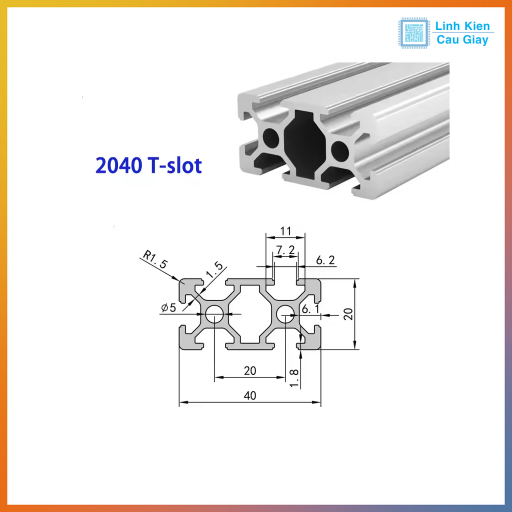 Nhôm định hình tiêu chuẩn EU 2020, 2040, 2060, 2080, 20100 (1 mét)