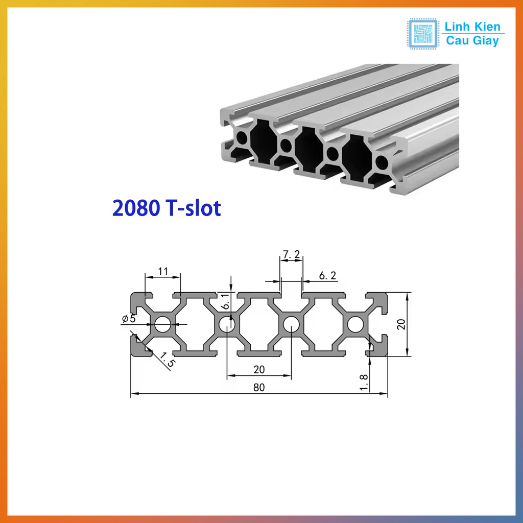 Nhôm định hình tiêu chuẩn EU 2020, 2040, 2060, 2080, 20100 (1 mét)