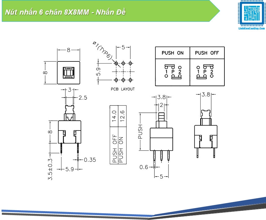 Nút nhấn 6 chân 8X8MM - Nhấn Đề