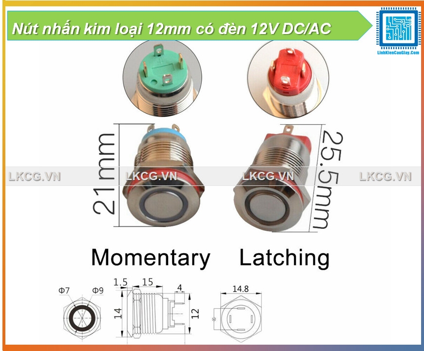 Nút nhấn kim loại 12mm có đèn 12V