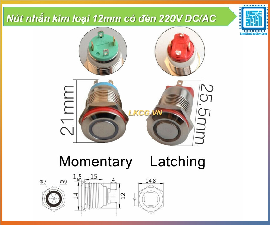 Nút nhấn kim loại 12mm có đèn 220V