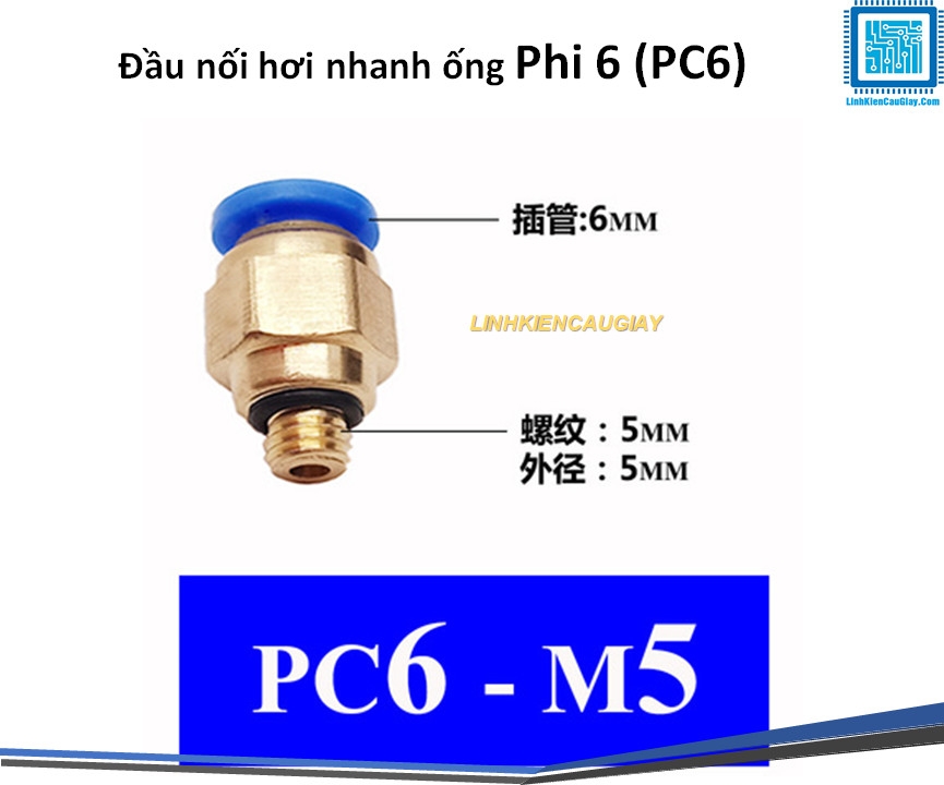 Đầu nối hơi nhanh ống Phi 6 (PC6) bằng đồng