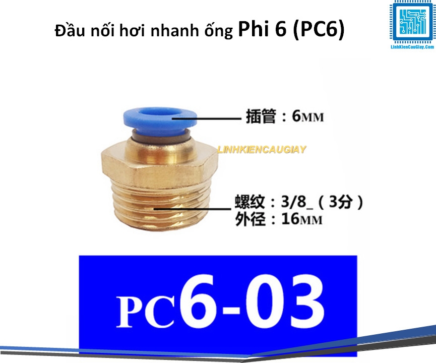 Đầu nối hơi nhanh ống Phi 6 (PC6) bằng đồng