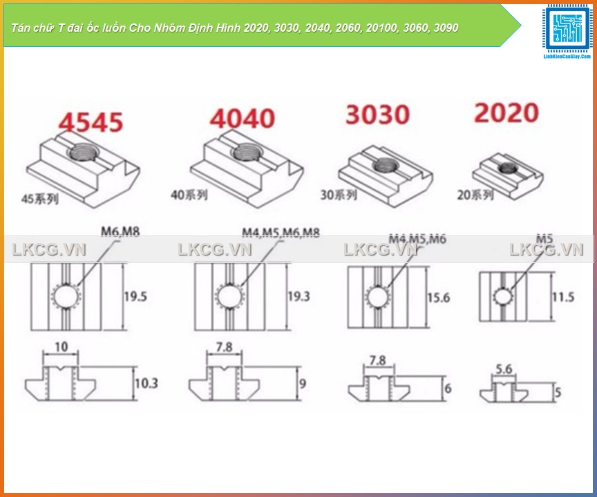 Tán chữ T đai ốc luồn Cho Nhôm Định Hình 2020, 3030, 2040, 2060, 20100, 3060, 3090