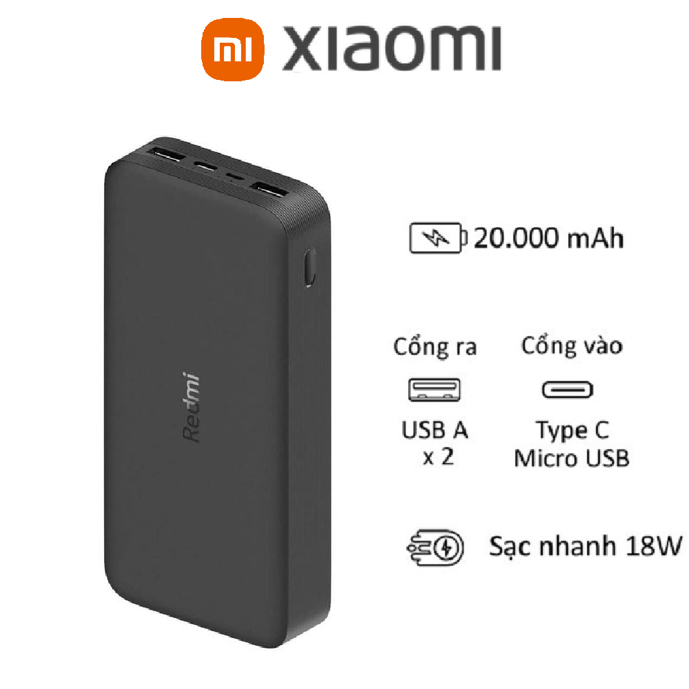 Pin sạc dự phòng Xiaomi Redmi 20000 Mah 18W Fast Charge, Input(Micro USB/ Type-C), Output(USB-Ax2)/ Đen