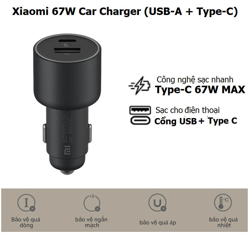 Sạc xe hơi Xiaomi 67W Car Charger (USB-A + Type-C)