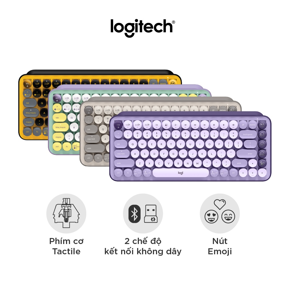 Bàn phím Logitech Pop Keys cơ không dây Bluetooth/Usb, Phím emoji có thể tùy chỉnh