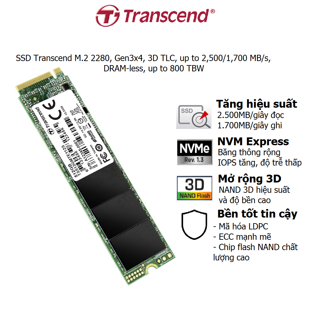 Ổ cứng SSD Transcend M.2 2280, Gen3x4, 3D TLC, up to 2,500/1,700 MB/s, DRAM-less, up to 800 TBW