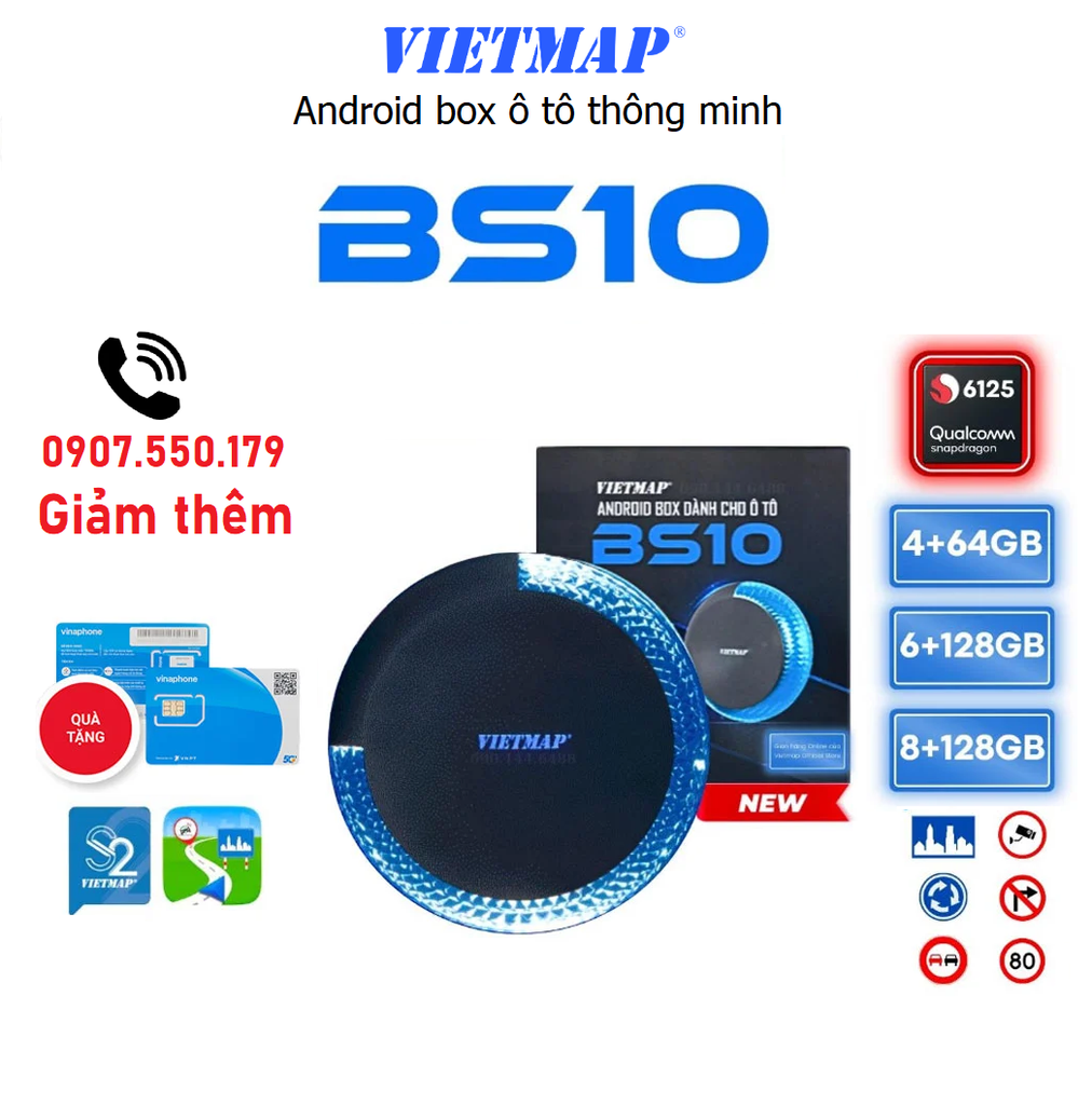 Android box ô tô Vietmap BS10 Dẫn đường S2, Vietmap Live, 4G, Assistant, Carplay/Android Auto