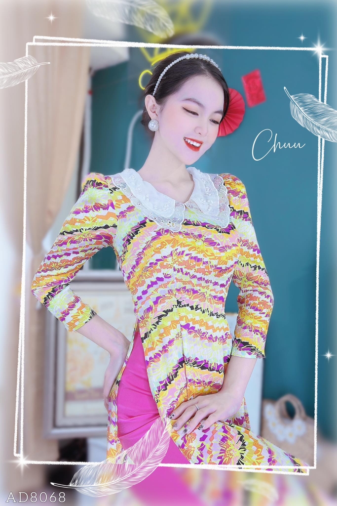 Áo Dài Cổ Thêu 5 cánh AD8068 (áo lẻ)