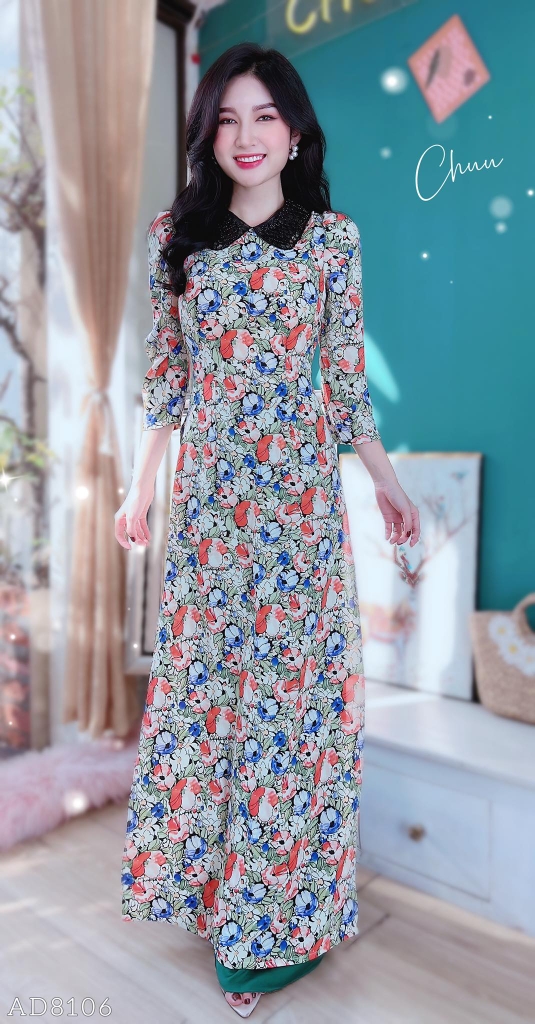 Áo Dài Cổ Cườm Chéo AD8106 (áo lẻ)
