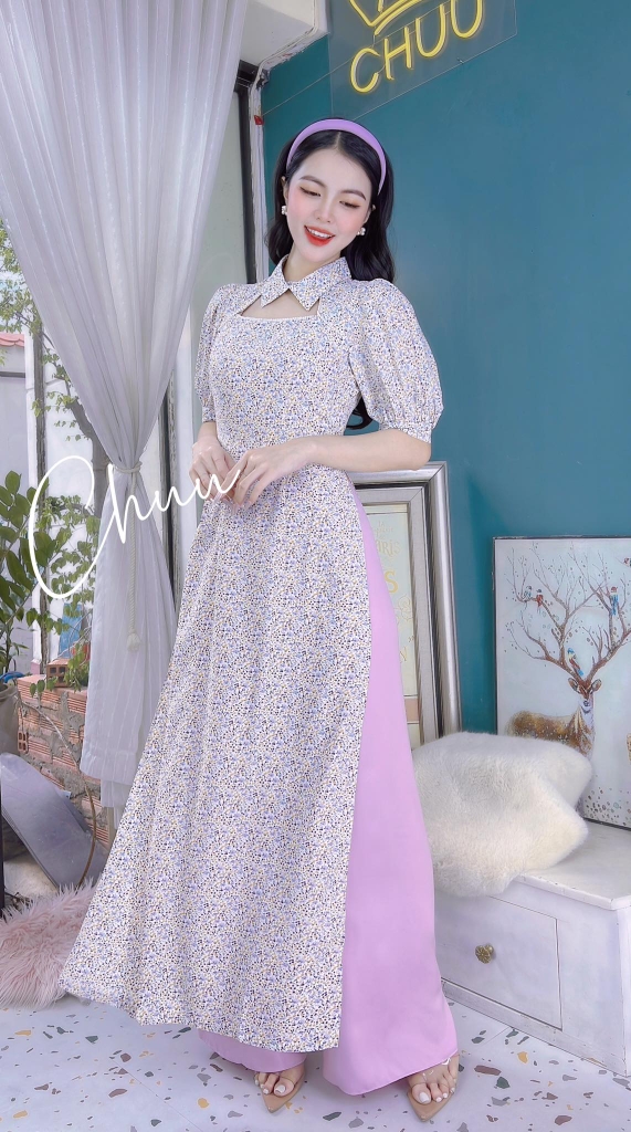 Áo Dài Hoa Cổ Sơmi AD8086 (áo lẻ)