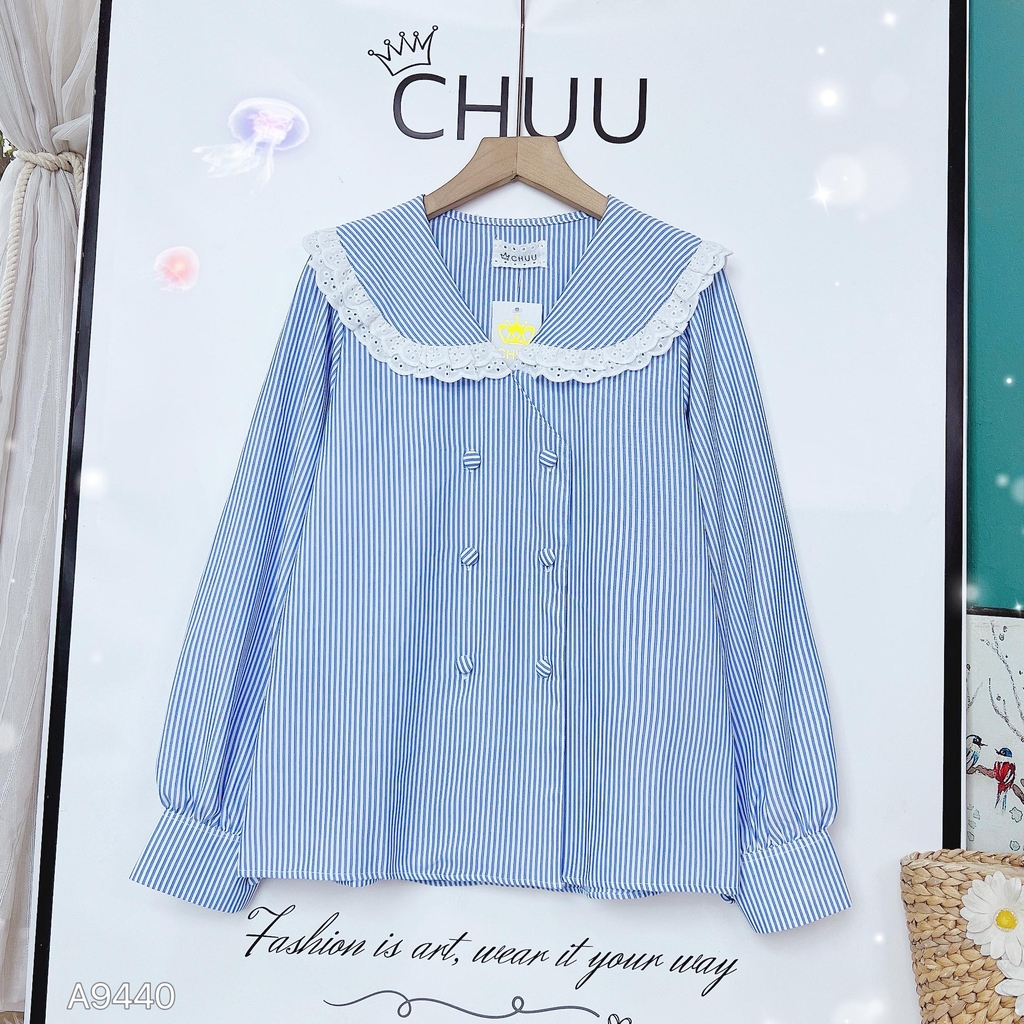 Áo Sọc Nút Bọc Viền Thêu A9440