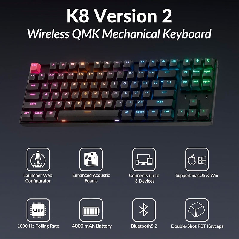 Bàn phím cơ không dây Keychron K8 V2 QMK RGB (Keychron Sw)