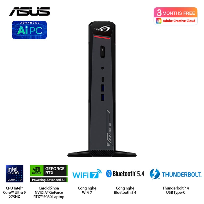 Máy tính Mini PC ASUS ROG NUC RNUC15JNK9X289A0 (Ultra 9 275HX, RTX 5080 16GB GDDR7, RAM 32GB DDR5, SSD 1TB, Win 11)