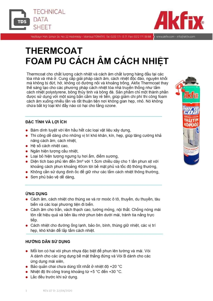 Keo bọt xốp PU foam cách âm, cách nhiệt, chống nóng Akfix Thermcoat