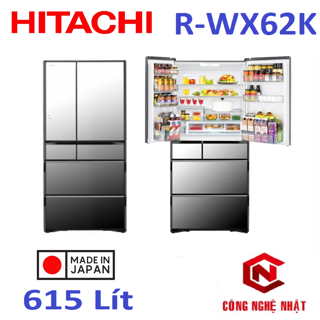 Tủ lạnh 6 cánh mặt gương chính hãng Hitachi R-WX62K 615L Made in Japan mới 100%