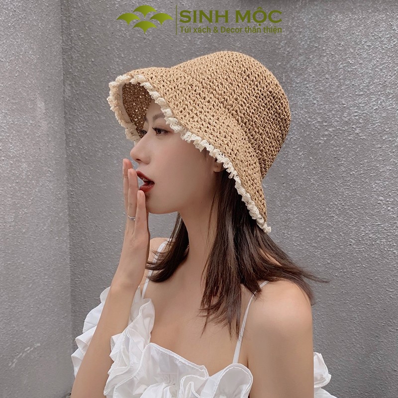 Mũ cói đi biển, mũ đi biển giả cói Sinh Mộc - M3034