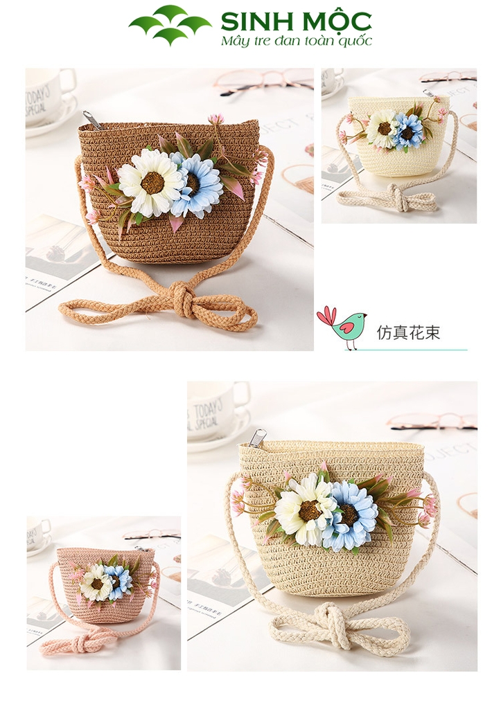 Túi cói trẻ em có hoa, túi cho bé Sinh Mộc - M3802