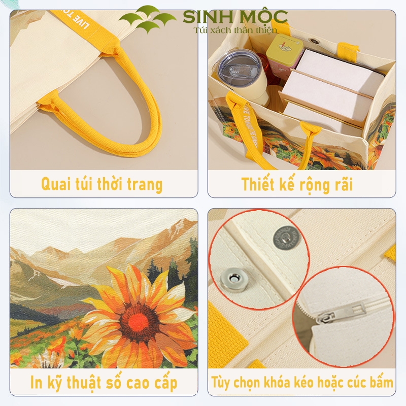 Túi xách canvas hoa hướng dương túi vải chống nước thời trang năng động – M3078 (hướng dương)