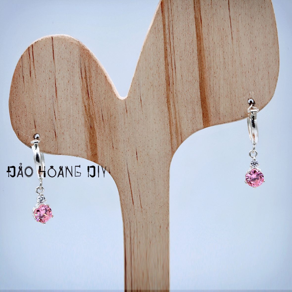 Hoa tai bạc tùng teng dáng dài đá hồng lấp lánh cho bé PVN1570