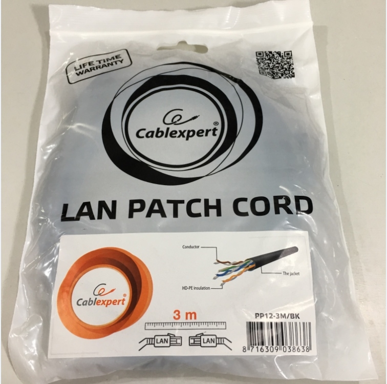 Dây Nhẩy Cablexpert PP12-3M/BK Cat5e UTP 4PAIRS 24AWG Patch Straight Through Cable Black Length 3M