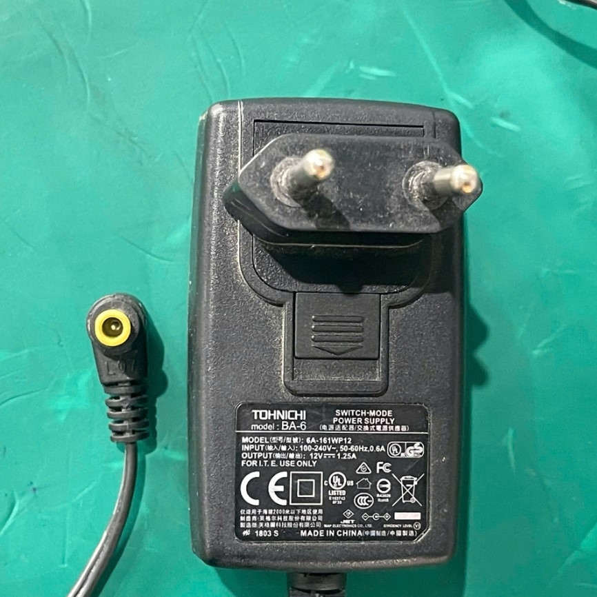 Adapter 12V 1.25A 15W Tohnichi BA-6 Connector Tip Size 5.0mm x 3.0mm For Digital Torque Screwdriver Tester TDT3/TDT3-G, DOTE(3)(4), LC2, LC3, TDT2, TDT3, CD5