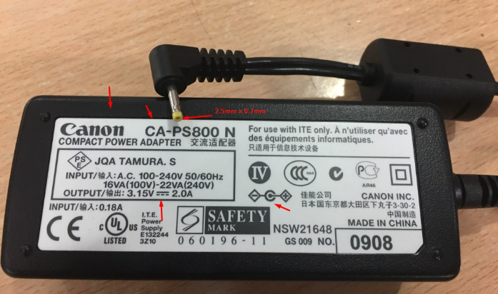 Adapter Original CA-PS800 N 3.15V 2.0A For máy ảnh Canon Camera ACK-800 ACK800 CAPS800 CA-PS800 PowerShot SX100 Connector Size 2.5mm x 0.7mm