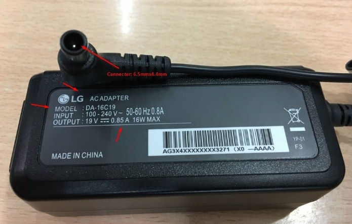 Chuyển Nguồn Màn Hình LG 19.5 20MP48A LED IPS Adapter Original LG 19V 0.84A 16W Connector Size 6.5mm x 4.4mm