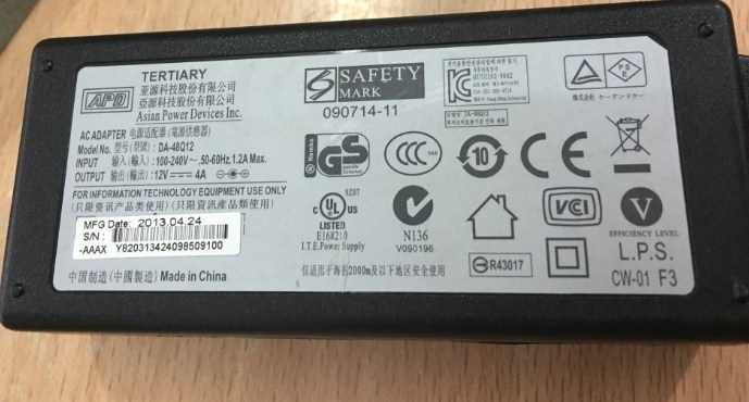 Adapter 12V 4A 48W APD DA-48T12 Nguồn Màn Hình Dell S2340L S2340LB S2340LC LED LCD Monitor Connector Size 5.5mm x 2.5mm