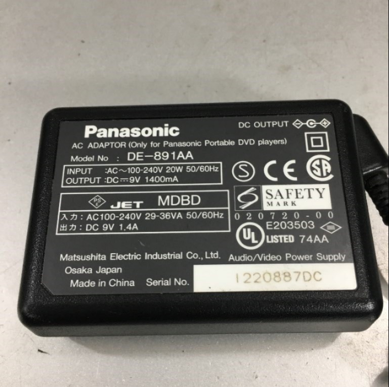 Adapter 9V 1A Panasonic DE-891AA For Panasonic DVD Player DVD-LV50 DVD-LV50PP DVD-LV50D DVD-LV65 DVD-LV65PPS DVD-LV65SDPP Connector Size 4.8mm x 1.7mm