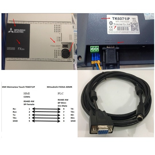 Cáp PLC Programming Mitsubishi FX3SA-30MR Với HMI Weinwiew Touch TK6071IP Cable DB9 Female to Mini Din 8 Pin Male Connector RS485 Length 3M