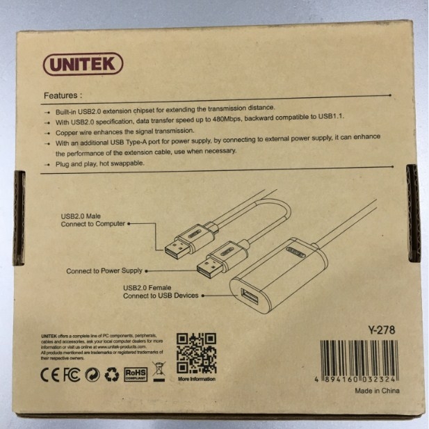 Cáp Nối Dài USB 2.0 Có IC Khuếch Đại Tín Hiệu Chính Hãng Unitek Y-278 10M Super Speed USB 2.0 Cable  Extension Male to Female Data Transfer