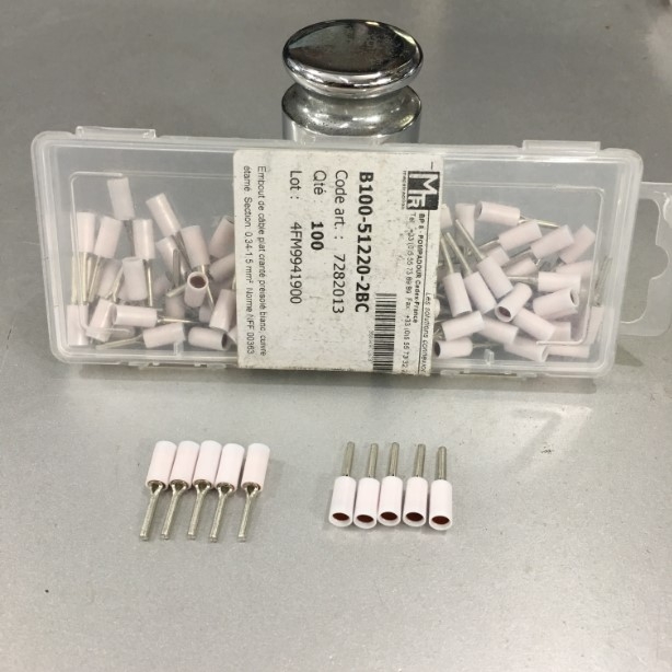Đầu Cốt Dạng Kim Đặc Cosse Solderless Crimp Terminal Chất Lượng Cao Mecatraction B100-51220-2BC NFF 00363 Section 0.34 - 1.5 mm² Colour White Contact tip 1.9 mm E-Cu 100 PCS/Box