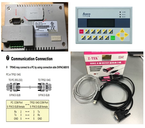 Bộ Combo Cáp Lập Trình DVPACAB515 Cable RS232 DB9 Female to DB9 Female 2M For Màn hình HMI Delta TP04G-AS2 Với Máy Tính Và USB to RS232 Z-TEK ZE533A