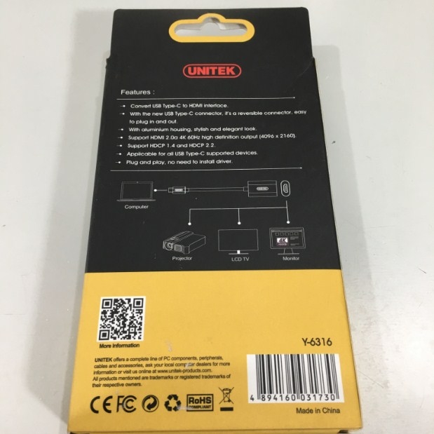 Cáp Chuyển Đổi Tín Hiệu Type-C to HDMI 4K HD Adapter Converter Chính Hãng Unitek Y-6316