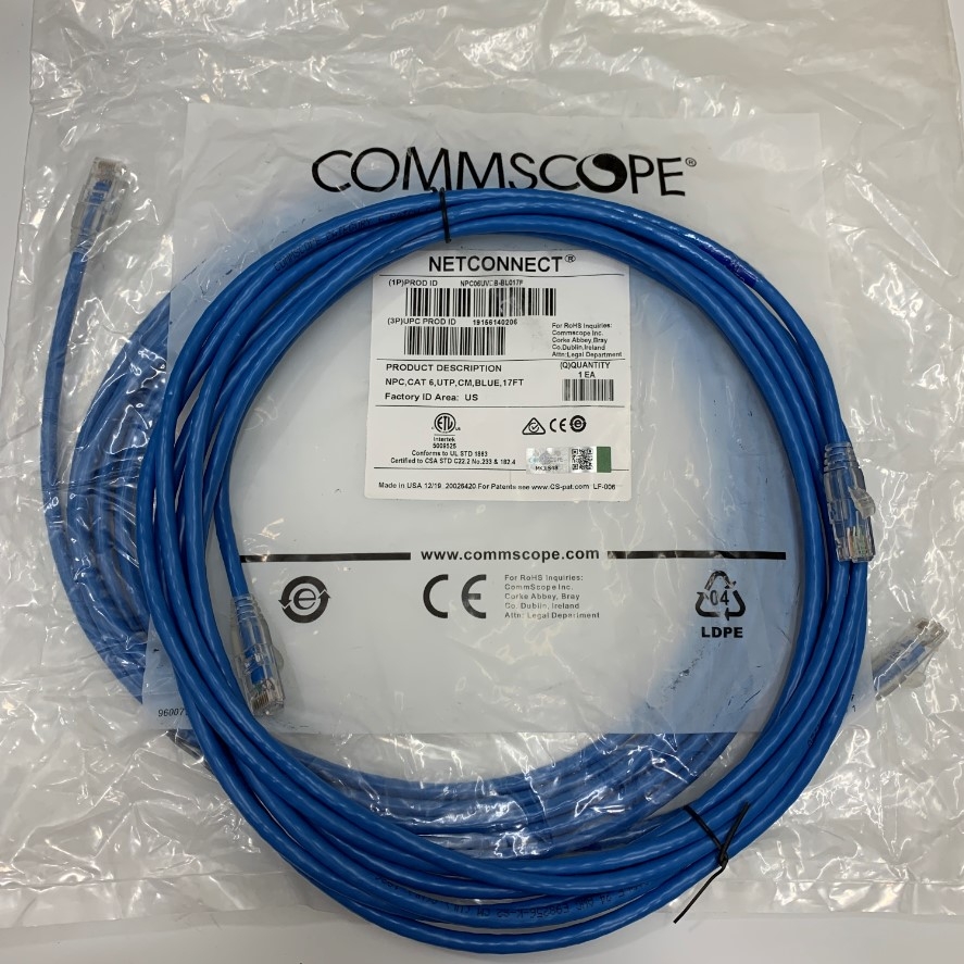 Dây Nhẩy Chuẩn Công Nghiệp Commscope NPC06UVDB-BL017F Dài 5M 17ft UTP CAT6 Gigabit PVC 24AWG Industrial Ethernet RJ45 Network Patch Cord Straight Through Cable Blue